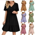 thumbnail image 1 of Elainilye Fashion Women's Dresses Spring and Summer V-Neck Loose Solid Pleated Casual High Waist Lace Dress,Green, 1 of 9