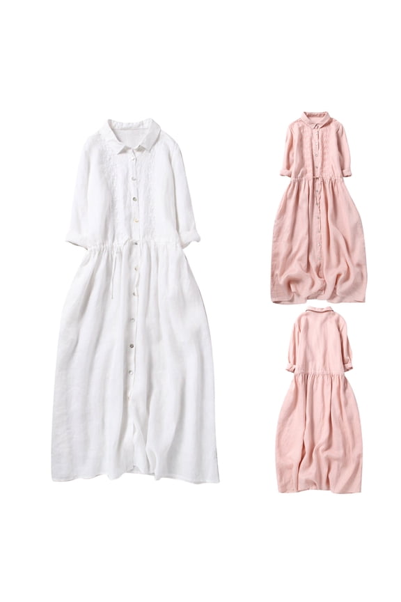 Fashion Women's Dresses Summer Vintage Lace-up Dress Long Sleeve Cotton Linen Dress Embroidery Large Train Skirt,Pink