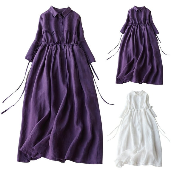Elainilye Fashion Women's Dresses Summer Vintage Lace-up Dress Long Sleeve Cotton Linen Dress Embroidery Large Train Skirt,Purple