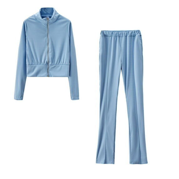 Elainilye Fashion Women's Fall 2 Piece Sweatsuit Solid Color Standing Collar Lapel Sports Set Sweatshirt and Pants Set,Blue