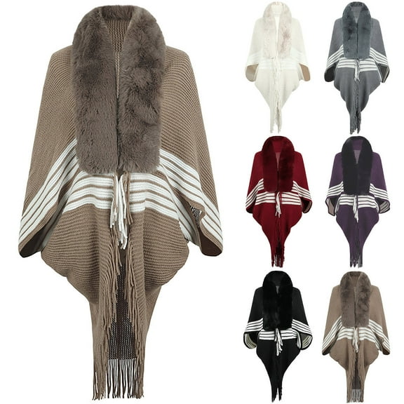 Elainilye Fashion Women's Fall Winter Scarf Knitted Loose Thickened Shawl Coat Artificial Fur-Collar Scarf,Gray