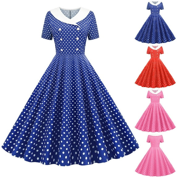 Elainilye Fashion Women's Formal Dresses A Line Flare Vintage Dress BowKnot Prom Short Sleeve Polka Dress,Pink