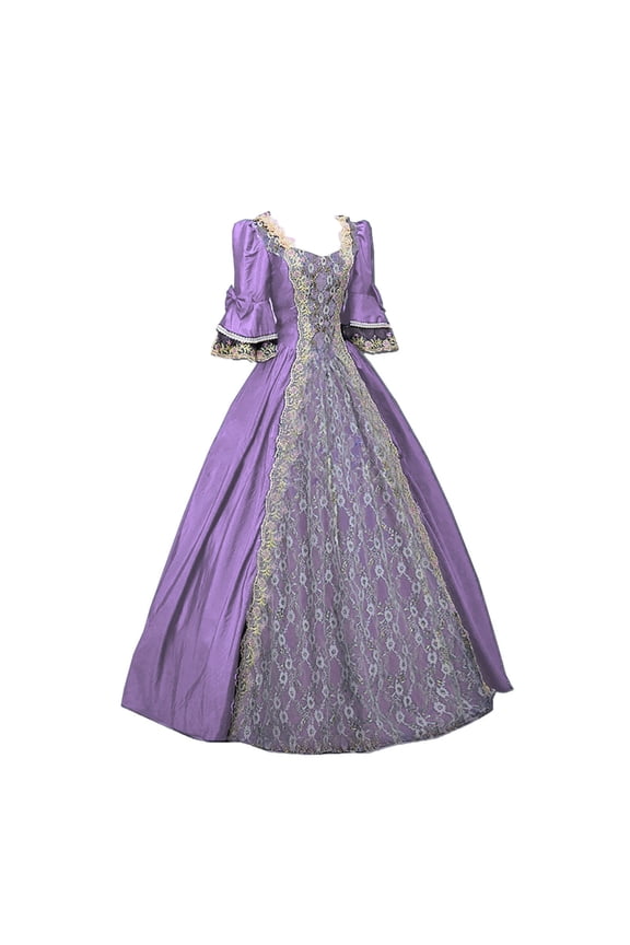 Fashion Women's Formal Dresses Plus Size Vintage Gothic Court Gown Cake Skirt Lace Clashing Dress,Purple