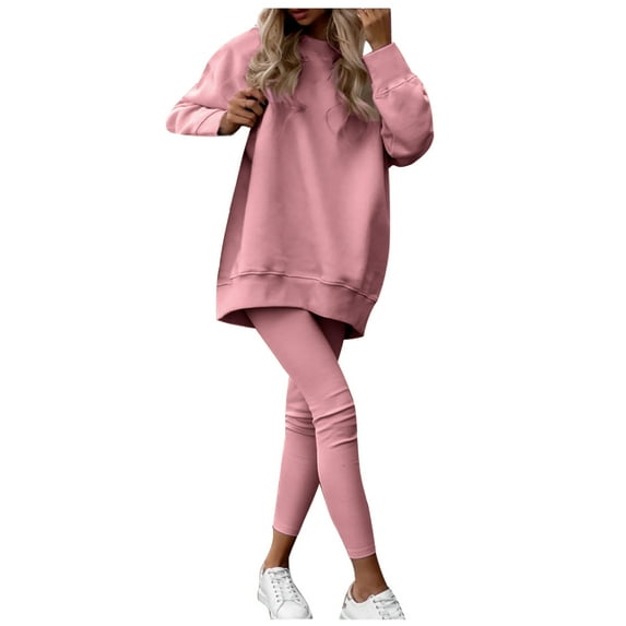 Elainilye Fashion Women's Jogger Sets Fall Winter Thickened Plush Sweatsuit Sweatshirt and Long Pants 2 Piece Set,Pink
