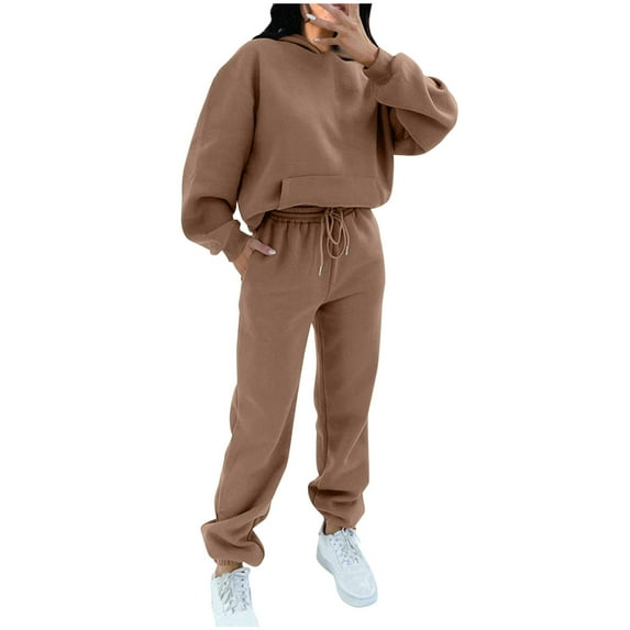 Elainilye Fashion Women's Jogger Sets Tracksuit Round-Neck Casual Long Sleeve Sweatshirt and Pant 2 Piece Set,Brown