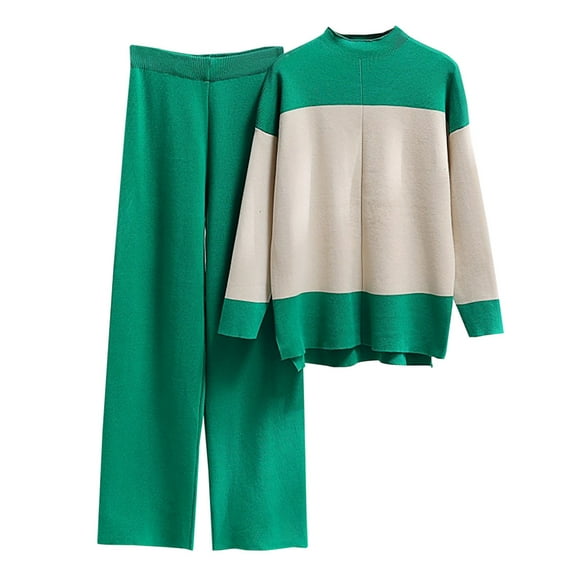 Elainilye Fashion Women's Loungewear Sets Casual Long Sleeve Knit Tops And Wide Leg Pants Sets Baggy Two Piece Outfit,Green