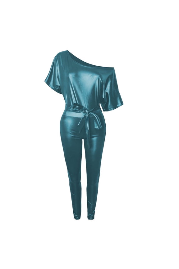 Fashion Women's Matching Sets Rompers Faux Leather Strap Off Shoulder Bodysuit Lady's Jumpsuits,Blue