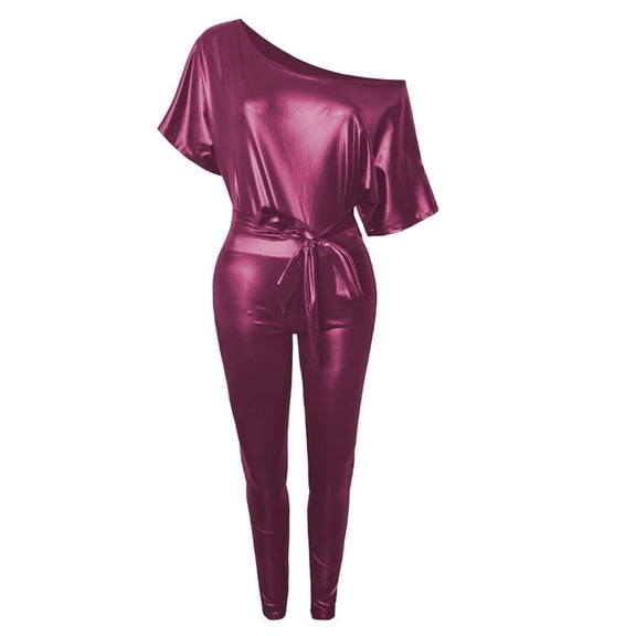 Elainilye Fashion Women's Matching Sets Rompers Faux Leather Strap Off Shoulder Bodysuit Lady's Jumpsuits,Red
