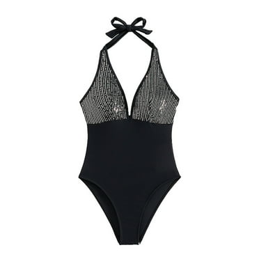 Elainilye Fashion Women's One Piece Swimsuits New Halterneck Sequined Sexy Backless Swimsuit One Piece Bathing Suit for Women,Black