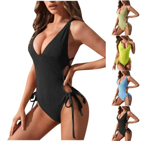 Elainilye Fashion Women's One Piece Swimsuits Tummy Control Bathing Suit Sexy V-Neck Short Sleeve Fold Solid Color Swimsuit,Black