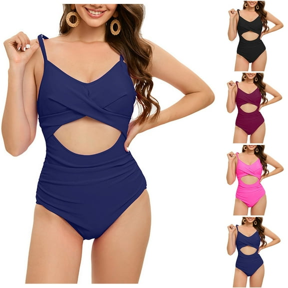 Elainilye Fashion Women's One Piece Swimsuits Tummy Control Bathing Suit Strappy Back-Beautiful Pleated Belly Cover Slim Swimsuit,Blue
