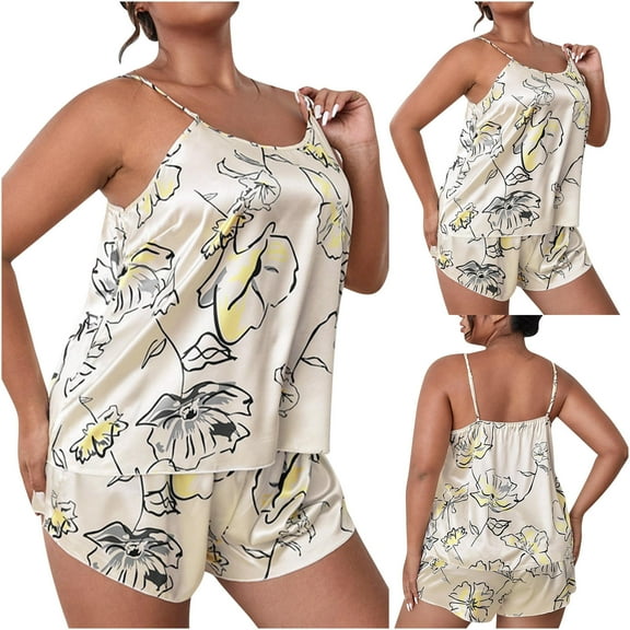 Elainilye Fashion Women's Pajama Sets Plus Size Imitation Silk Pajamas Two-piece Printed Casual Shorts Sets Homewear,Yellow