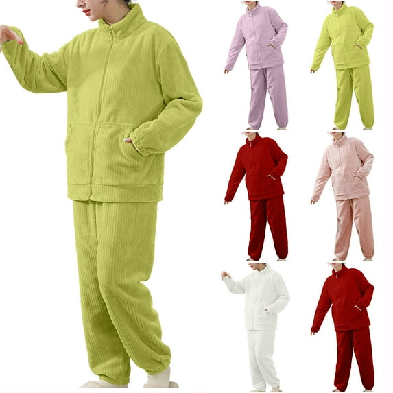 Elainilye Fashion Women's Pajama Sets Winter Warm Plush Thickened 2 Piece Pajama Set Zipper Pocket Homewear Suit,Purple