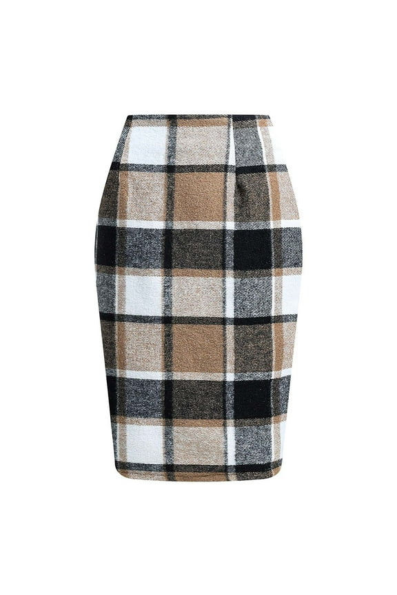Fashion Women's Pencil Skirt Plaid Skirt Winter High Waisted Tight Knee Length Wool Mid Length Skirt,Brown