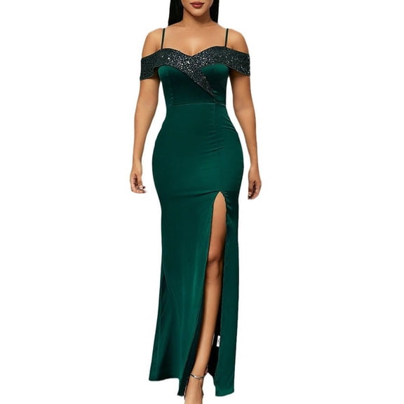 Elainilye Fashion Women's Prom Dress French Solid Color Bag Hip Slit Sequin Evening Dress Halter Dress Bodycon Dress,Green