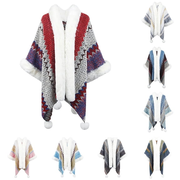 Elainilye Fashion Women's Shawl Wrap Poncho Cape with Artificial Fur-Collar Warm Soft Chunky Wrap Shawl Scarves Gifts for Women,Red