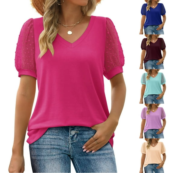 Elainilye Fashion Women's Shirts Causal V-Neck Vintage Solid Blouse Short Sleeve T-Shirt Summer Tops Blouse,Purple