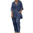 thumbnail image 1 of Elainilye Fashion Women's Shirts Set Two Piece Cotton Linen Outfit Casual Baggy Long Sleeve Button Down Shirts And Pants Set,Blue, 1 of 5