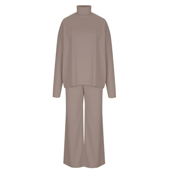 Elainilye Fashion Women's Shirts Sets Two Piece Outfit Solid Color Knitted Top And Wide-leg Pants Two-piece Set,Brown