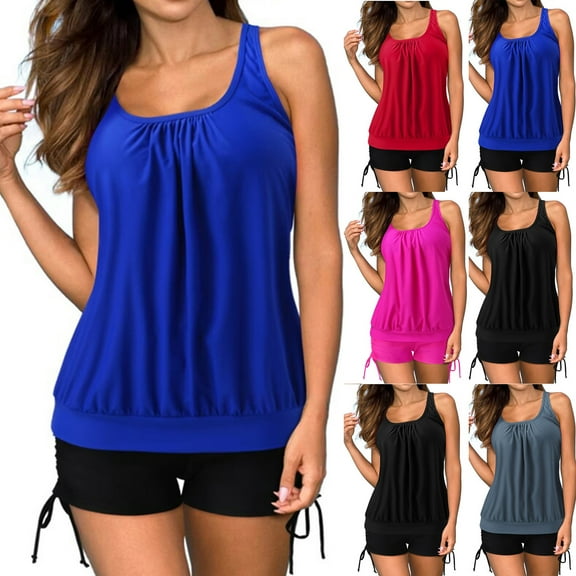 Elainilye Fashion Women's Tankini Swimsuits Sexy Solid Color Swimwear Two-piece Swimsuits Bikini Set Bathing Suit,Red