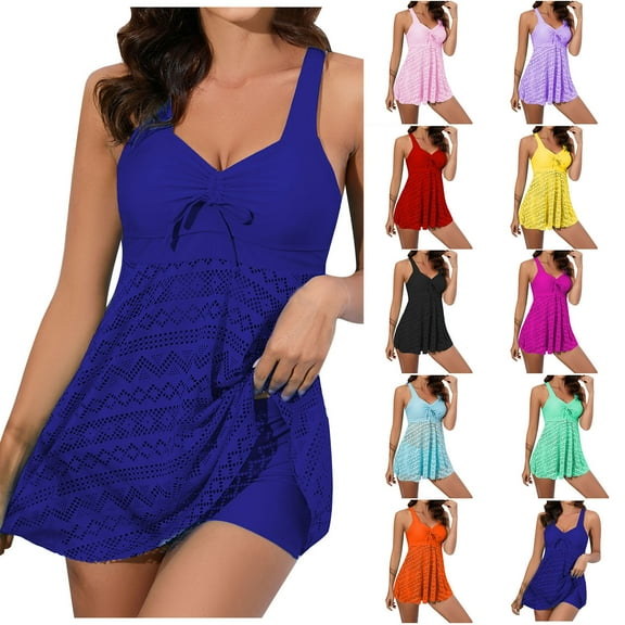 Elainilye Fashion Women's Tankini Swimsuits Solid Color Swimsuit V Neck Lace Split Swimwear Set Bathing Suits,Orange