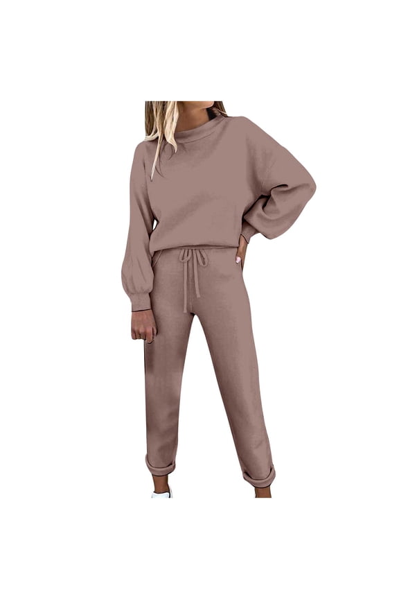 Fashion Women's Tracksuit Solid Color Long Sleeve Pullover Top And Pants 2 Piece Set Matching Sweat Suits,Brown