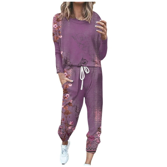 Elainilye Fashion Women's Tracksuit Two-piece Sets Loose Solid Long Sleeve Sweatshirts And Sweatpants Set Casual Sweatsuit,Purple