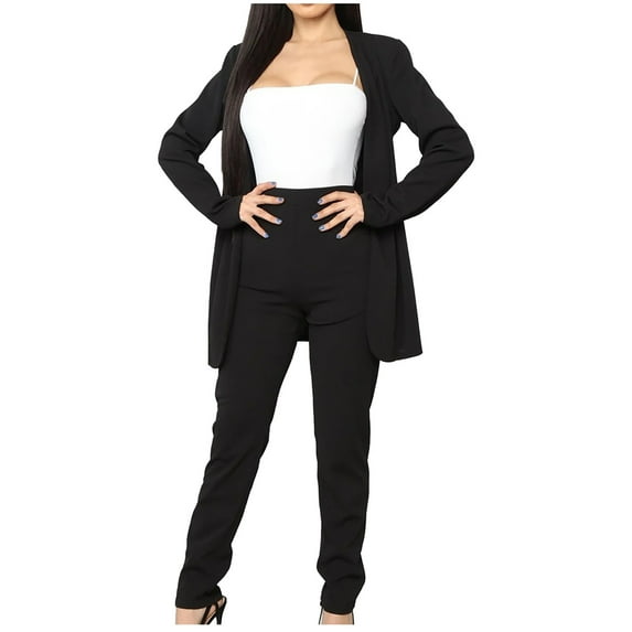 Elainilye Fashion Women's Two Piece Outfit Business Attire Matching Sets Long Sleeve Tops And Long Pants Sets,Black