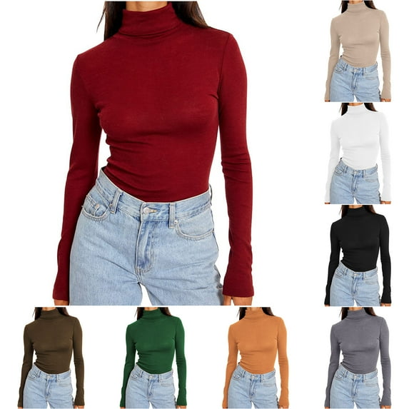 Elainilye Fashion Women's Undershirt Tight Long Sleeve Shirt Comfortable Solid Color Round Neck Underlay Tops,Brown