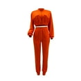 thumbnail image 1 of Elainilye Fashion Womens 2 Piece Outfits Casual Solid Color Workwear Jacket Short Top Leggings Pants Commuting Two-piece Set,Orange, 1 of 9