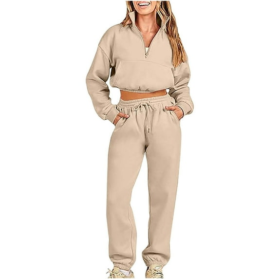 Elainilye Fashion Womens 2 Piece Outfits Tracksuit Casual Solid Color Half Zippered Long Sleeved Hoodie Pants Sports Set,Beige