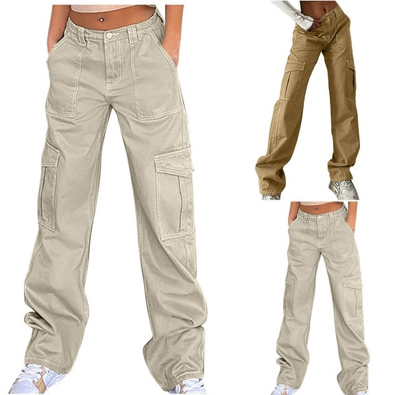 Elainilye Fashion Womens Baggy Cargo Pants Casual Cowboy Pocket Straight Cylinder Overalls Solid Color Zipper Pants,Brown