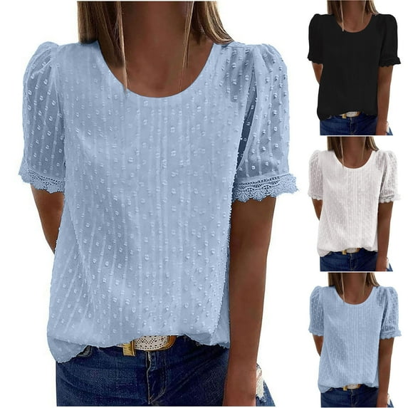 Elainilye Fashion Womens Blouse Rounk Neck Short Sleeve Blouse T-Shirt Lace Solid Loose Tops,Blue