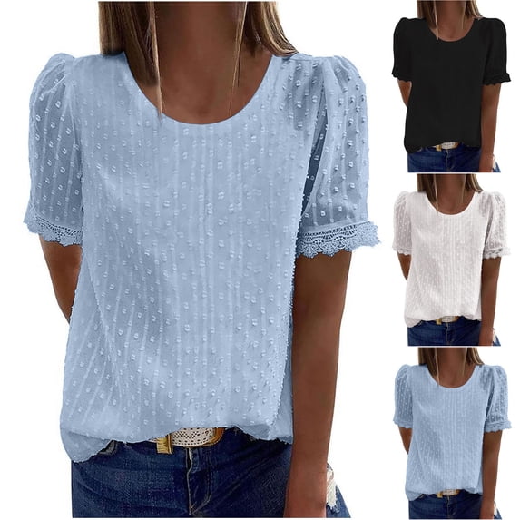 Elainilye Fashion Womens Blouse Rounk Neck Short Sleeve Blouse T-Shirt Lace Solid Loose Tops,White