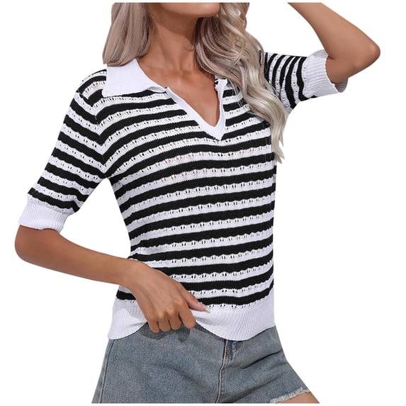 Elainilye Fashion Womens Blouses Casual Summer Short Sleeve V-Neck Blouses Plaid Shirt Tops,Black