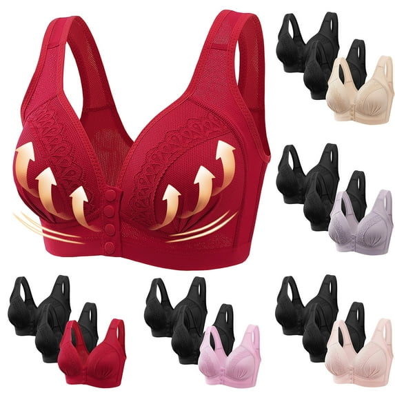 Elainilye Fashion Womens Bras No Underwire 3PC Traceless Underwear Comfortable Breathable Gathering Front Buckle Bra,Red