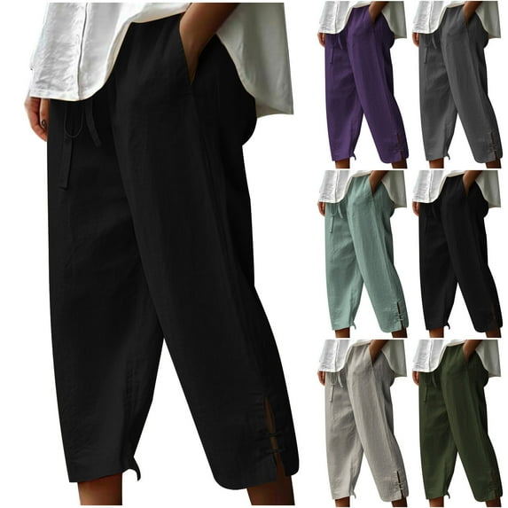 Elainilye Fashion Womens Capris Elastic Waist Pants Summer Casual Loose Cotton and Linen Pants Trousers Capris Pants,Purple