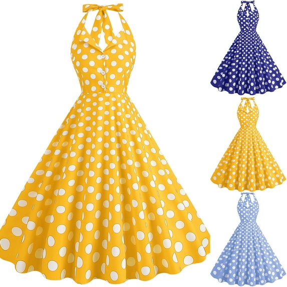 Elainilye Fashion Womens Casual Dresses Court Contrast High Collar Polka Dotted Large Dress Formal Dress,Yellow