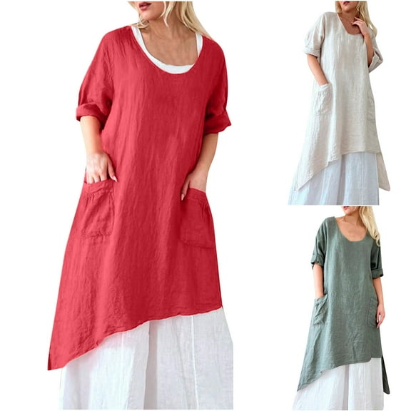 Elainilye Fashion Womens Casual Dresses Long Sleeve Solid Round-neck Dress with Pockets,Beige