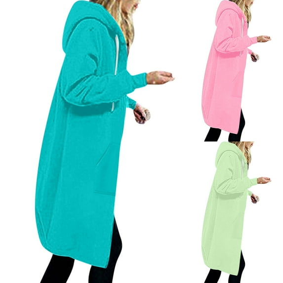 Elainilye Fashion Womens Coats Fall Winter Thickening and Fleece Jacket Casual Zipper Long Sleeve Pocket Hooded Long Sweatshirt,Pink