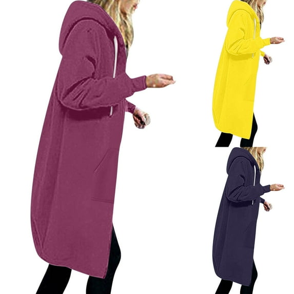 Elainilye Fashion Womens Coats Fall Winter Thickening and Fleece Jacket Casual Zipper Long Sleeve Pocket Hooded Long Sweatshirt,Pink