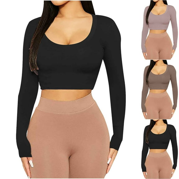 Elainilye Fashion Womens Crop Top Spring Tight Long Sleeve Shirt Cotton Ribbed Knit Top Undershirt Bottom Top,Black