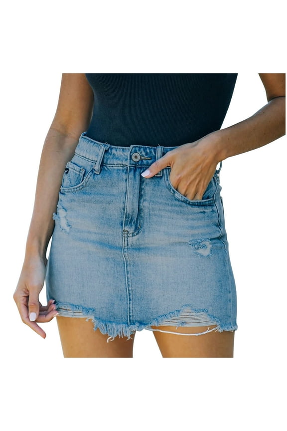 Fashion Womens Denim Skirt Summer Sexy High Waist Ripped Washed Wrap Hip Skirt,Blue