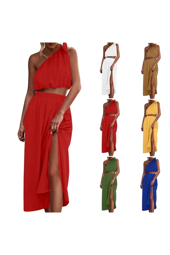 Fashion Womens Dress 2 Piece Outfits Tie Knot One Shoulder Tank Top High Waist Side Split Maxi Skirt,Blue