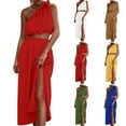 thumbnail image 1 of Elainilye Fashion Womens Dress 2 Piece Outfits Tie Knot One Shoulder Tank Top High Waist Side Split Maxi Skirt,Brown, 1 of 9