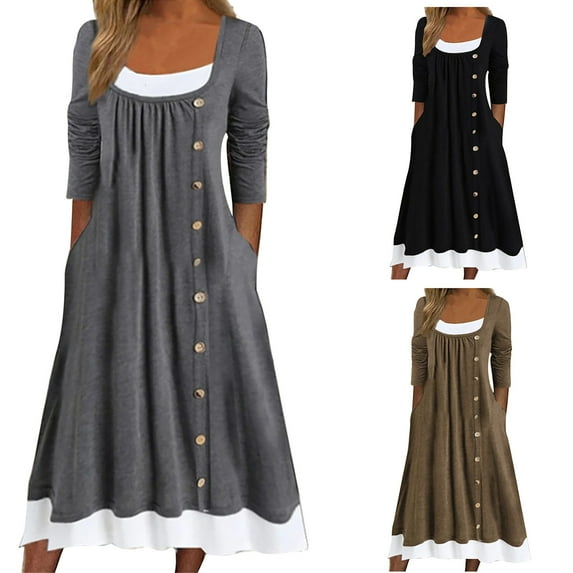 Elainilye Fashion Womens Dress Casual Crewneck Long Sleeve Pullover Patchwork Pleated Solid Color Button Dress,Gray