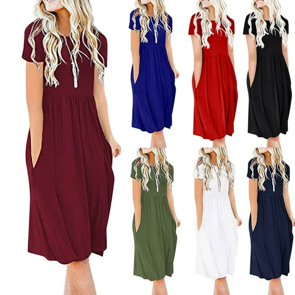 Elainilye Fashion Womens Dress Casual Short Sleeve Round Neck Solid Ladies Dress with Pockets,Blue