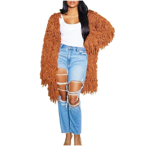 Elainilye Fashion Womens Dress Knitted Solid Color Long Sleeved Cardigan Casual Long Tassel Round Neck Long Sleeved Dress,Brown