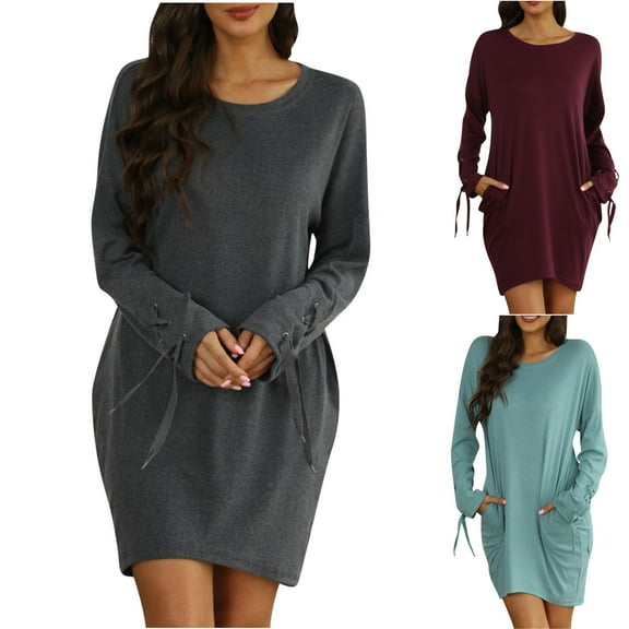 Elainilye Fashion Womens Dress Long Sleeve Round Neck Solid Bandage Casual Dress Vacation Dress,Gray