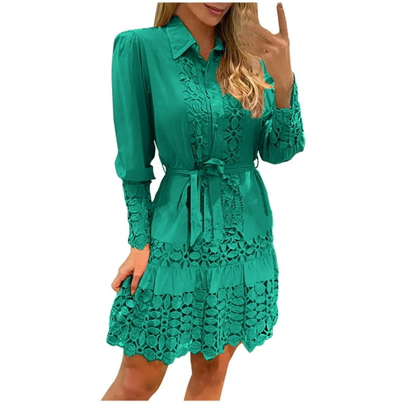 Elainilye Fashion Womens Dress Plus Size V-Neck Summer Solid Long Sleeve Lace Patchwork Mini Dress with Belt,Blue